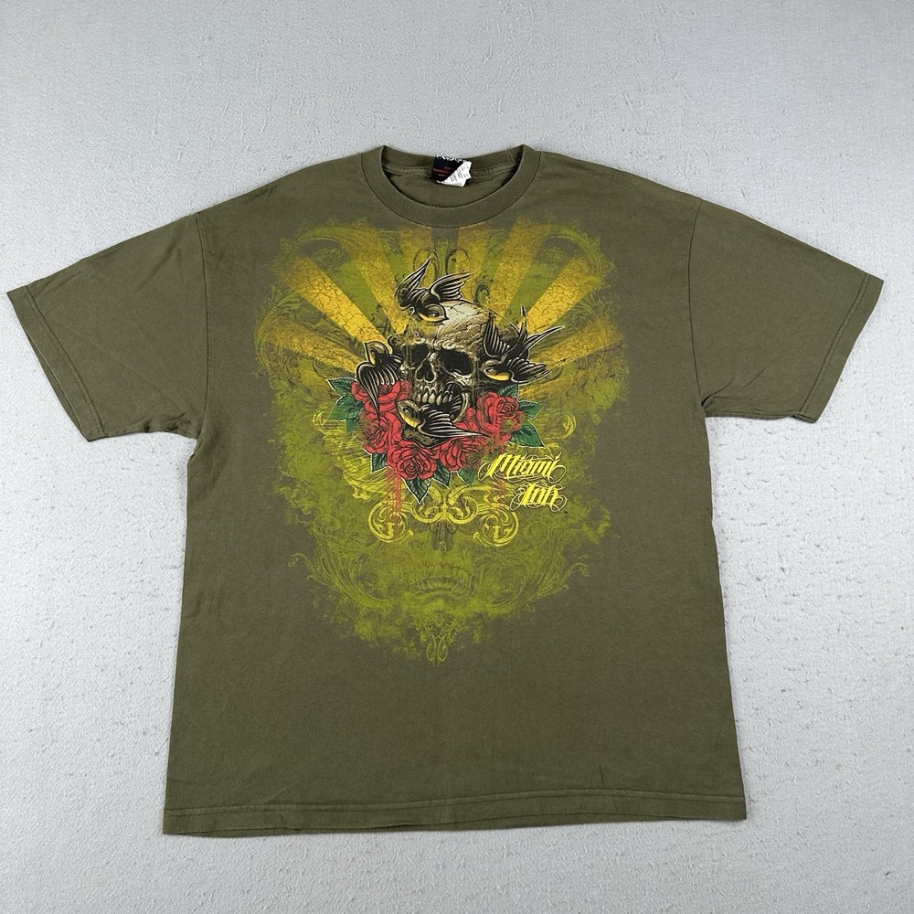 Vtg Y2K‎ Miami Ink T Shirt Men's XL Green Skull Roses Grunge Avant Garde Tattoo